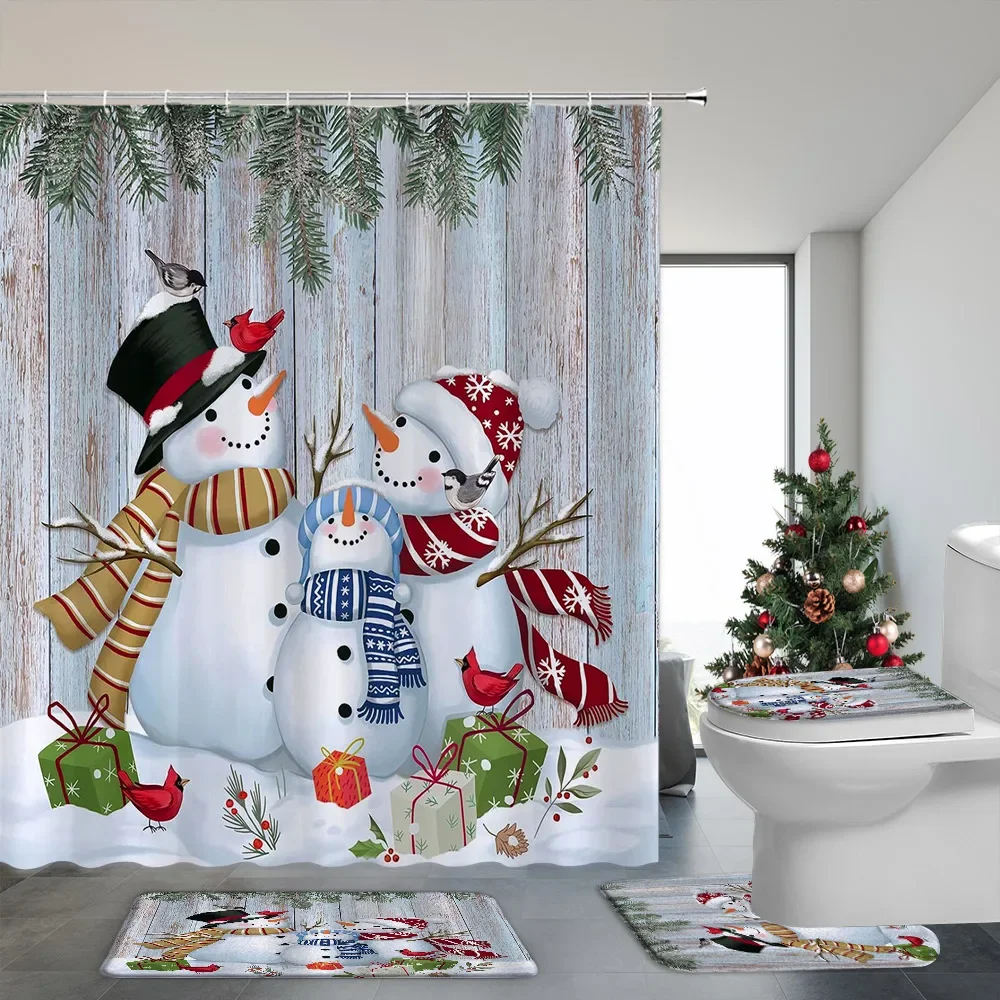 4 Pcs Set Tirai Mandi dan Karpet Kamar Mandi Natal Snowman Hadiah Natal Tirai Mandi Poliester Cedar Keset Kamar Mandi Dekorasi Kamar Mandi