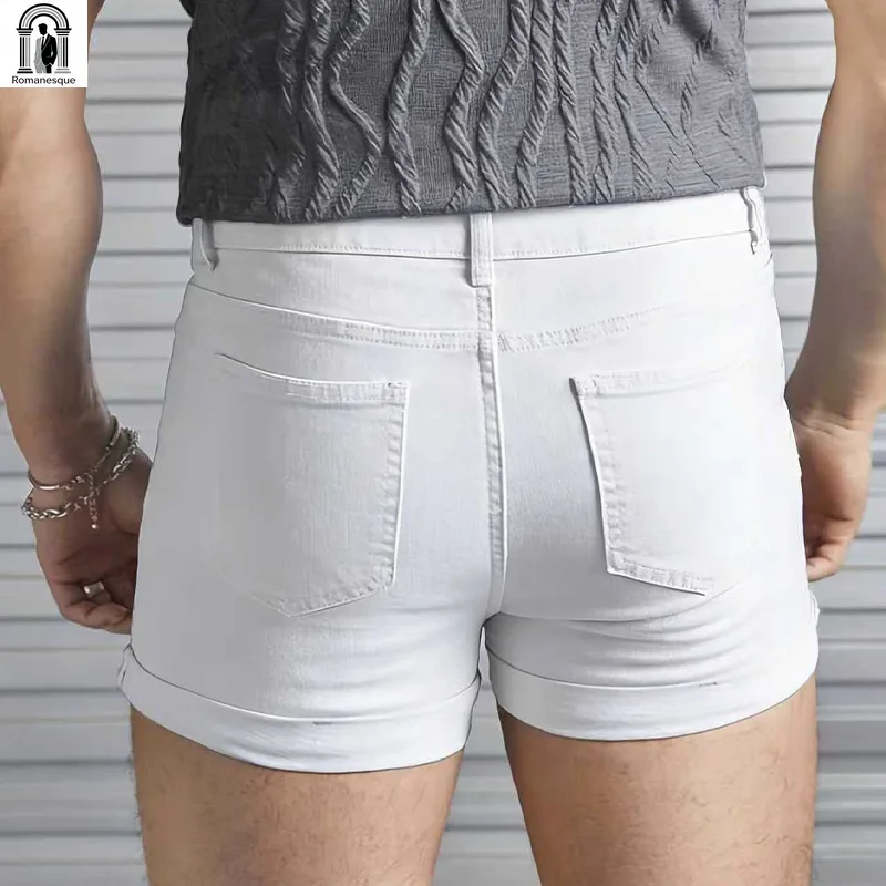 Men's Sexy Slim Fit White Denim Shorts, Rolled Cuff, Stretchy Skinny Jeans Shorts, Casual Summer Short Pants for Men view 3