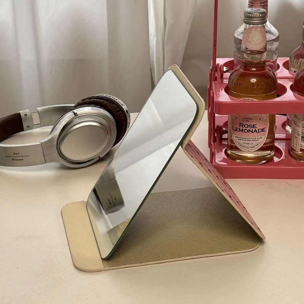 Pu Leather Desktop Stand Mirror Compact Cosmetic Mirror Folding Vanity Mirror Easy To Carry Pink Bow Pocket Make-up Mirror