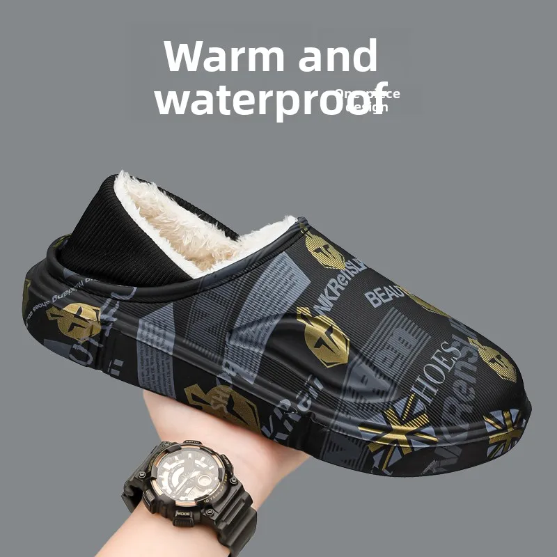 

Winter Cotton Slippers Men's Large Size Half Slip Home Outdoor Waterproof Fleece Warmth Bread Shoes Anti-slip Soft Sole