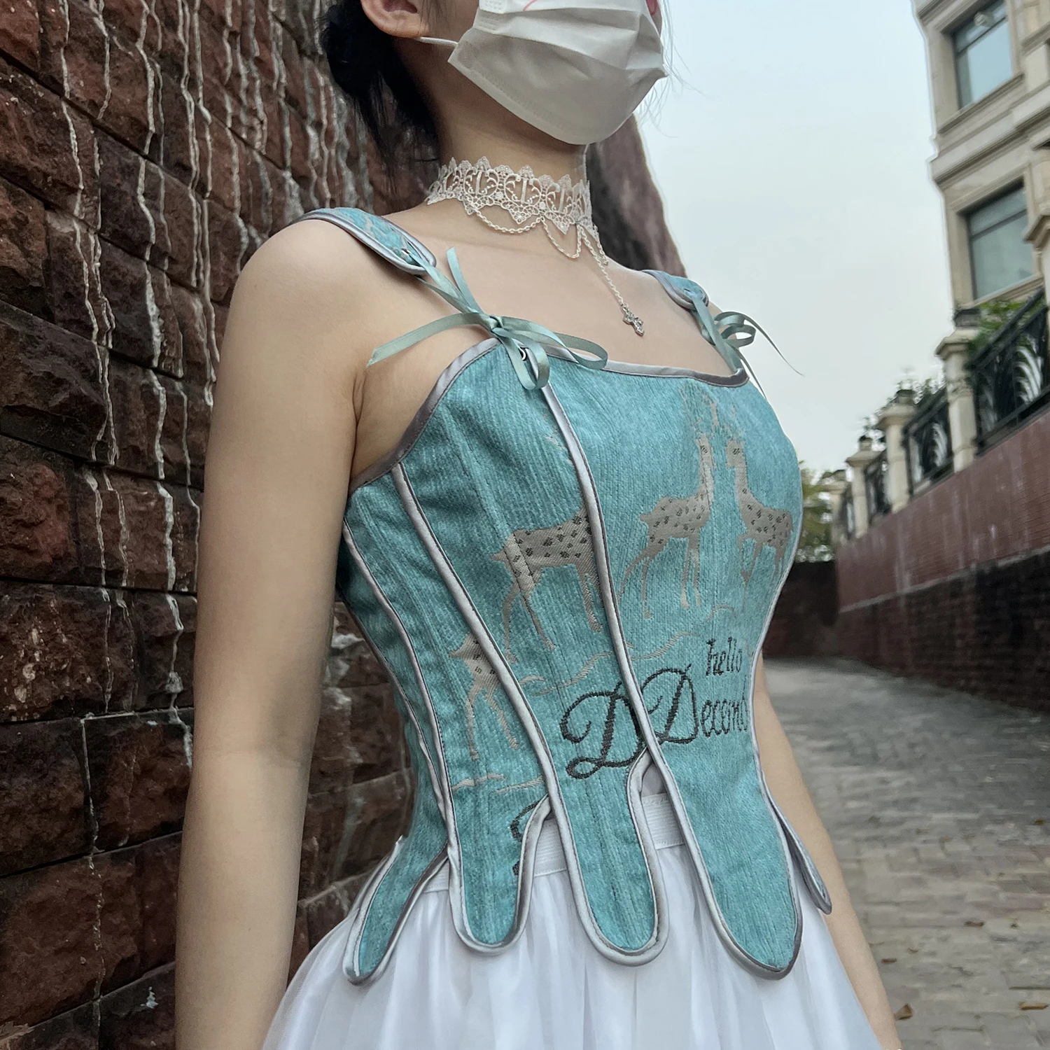 Silver Deer Print Embroidery Overbust Corset Top Cami Streetwear Blue Antique Corset Spring Autumn Winter Corset