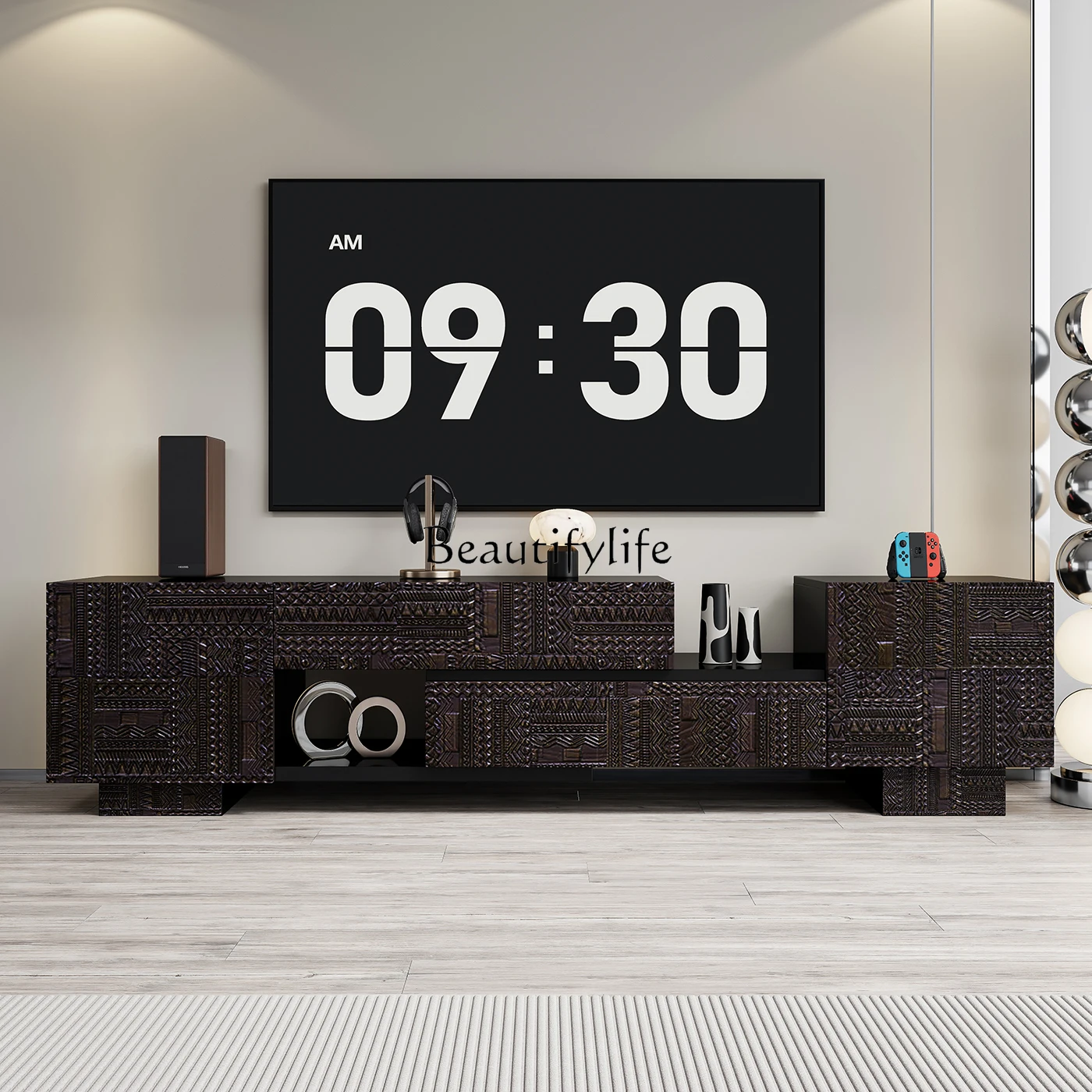 

**Italian light luxury solid wood TV cabinet modern minimalist retractable living room cabinet