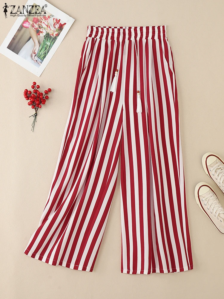 

ZANZEA Women Striped Wide Leg Pants Casual Loose Drawstring Elastic Waist Trousers Inverted Pleats 2025 Autumn Woman Bottoms