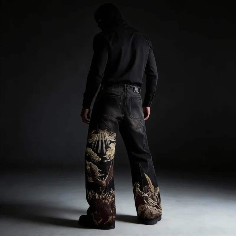 

2025 американские новые модные потертые джинсы с большим узором и вышивкой, мужские популярные широкие брюки с высокой талией Y2K в готическом стиле