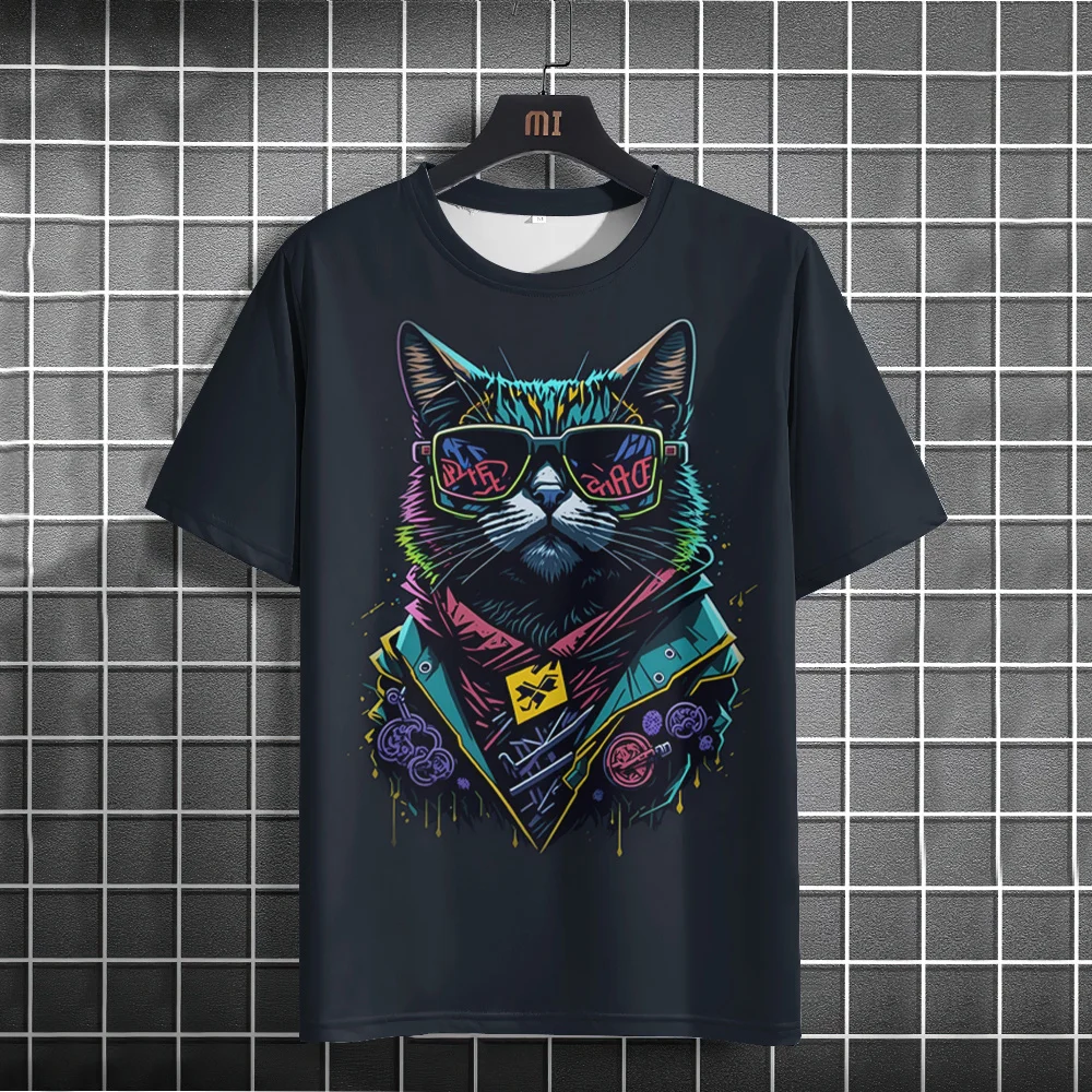 T-shirt à manches courtes imprimé chat animal 3D pour hommes, t-shirts décontractés, pull à la mode, été