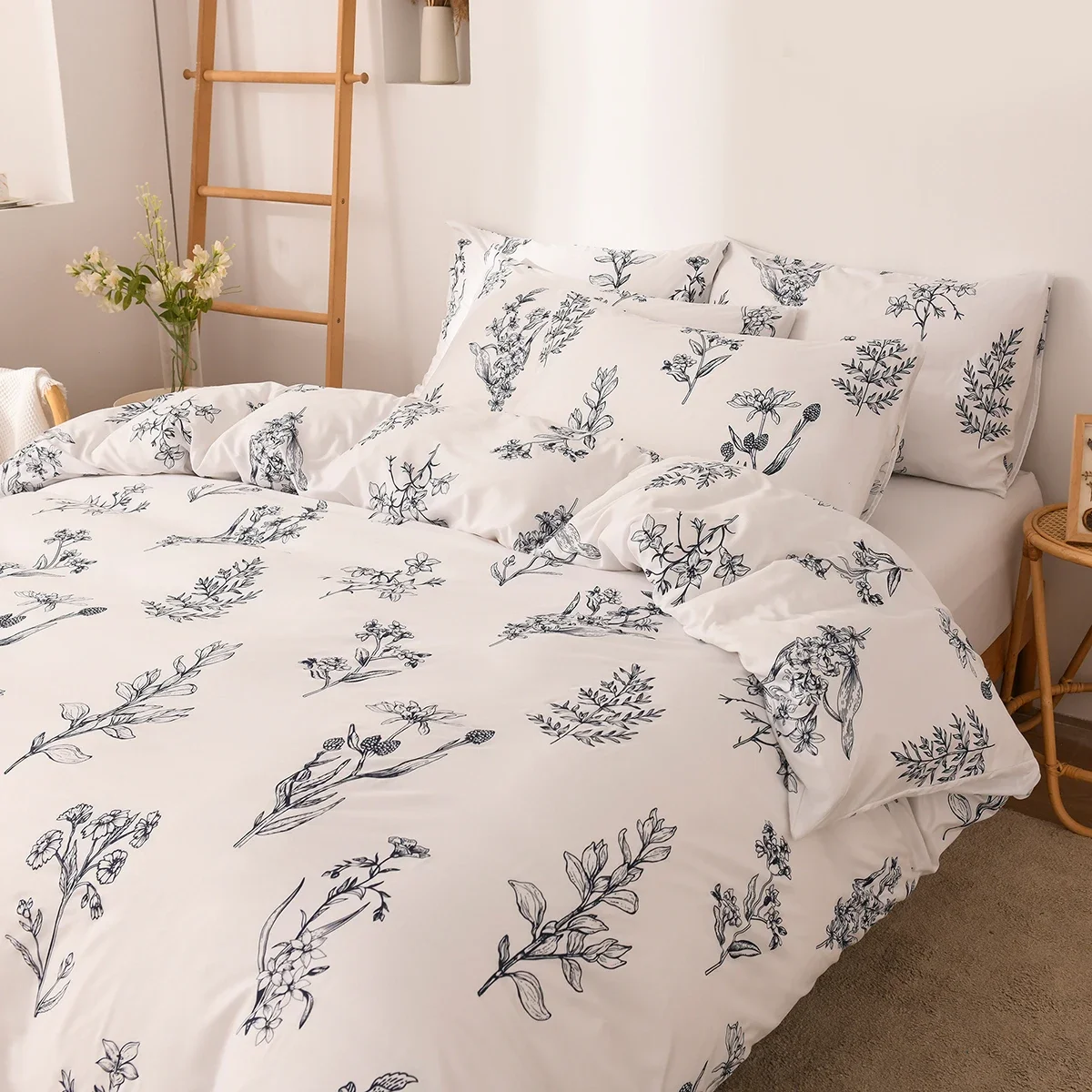 Floral Duvet Cover Set 3pcs Farmhouse Plant Comforter Cover Soft Botanical Flower Leaves Bedding Set with Double Sided Pattern