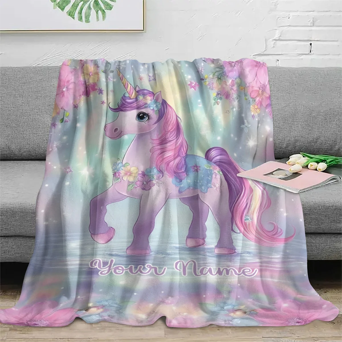 Custom Name Unicorn Floral Pattern Blanket, Dreamy Pink Purple Unicorn with Flowers & Stars , Birthday Gift, Sweet Fantasy Theme