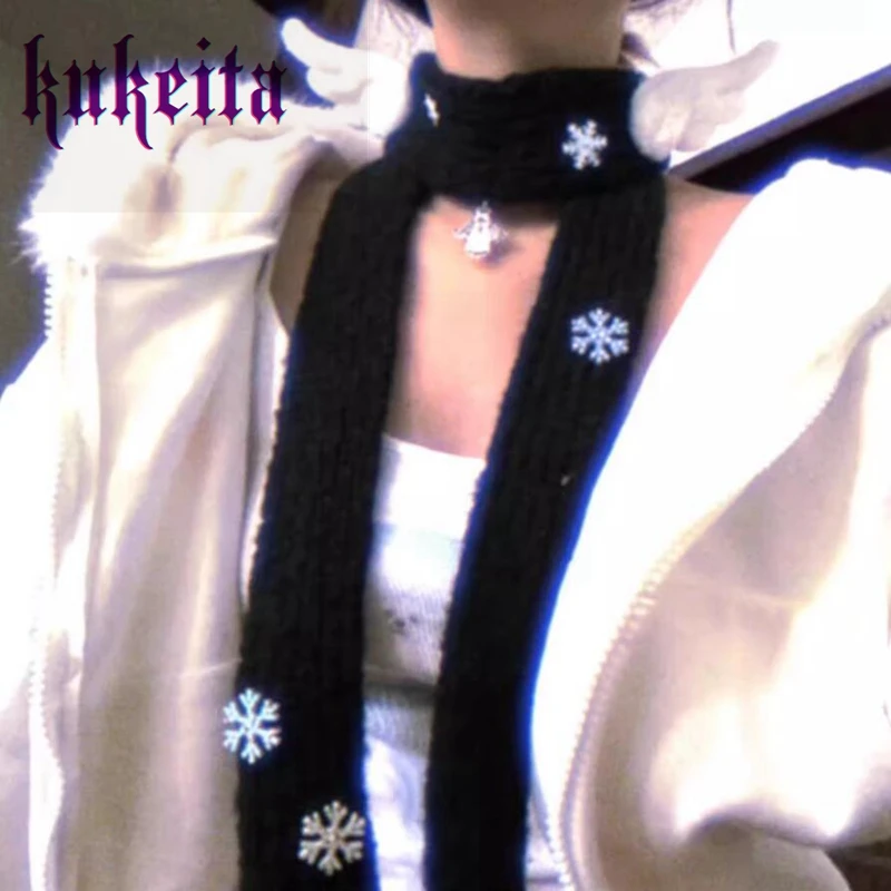 Kukeita Harajuku Black White Plush Angel Wings Scarf Women Y2k Japanese Kawaii Winter Snowflakes Warm Knitted Long Scarves