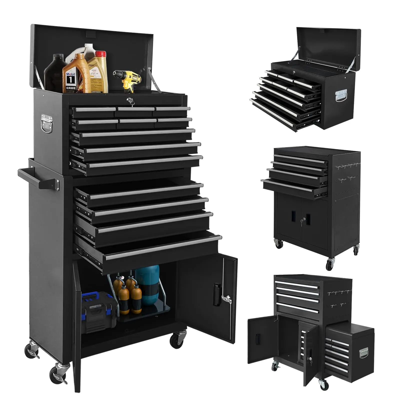 13-Drawer Rolling Tool Chest with Double Doors, 2 in 1 Detachable Rolling Tool Chest with Drawers, Mobile Tool Cabinet