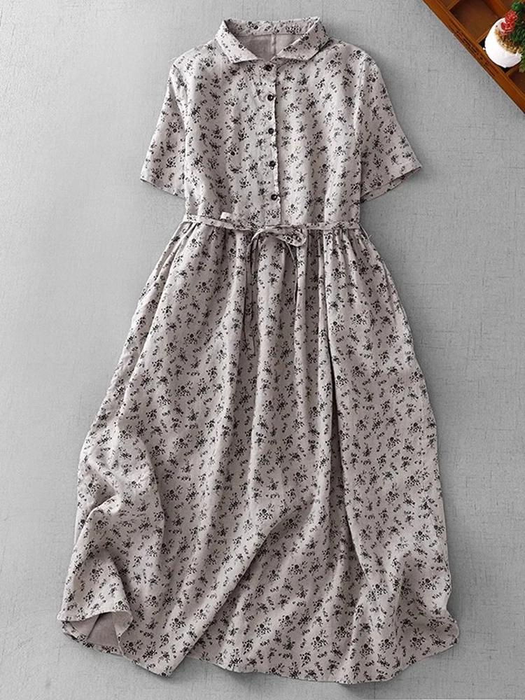 

French Style Vintage Floral Print Women Dresses 2025 New Summer Casual Loose Slim Midi Dress Female Lace Up A-Line Daily Dress