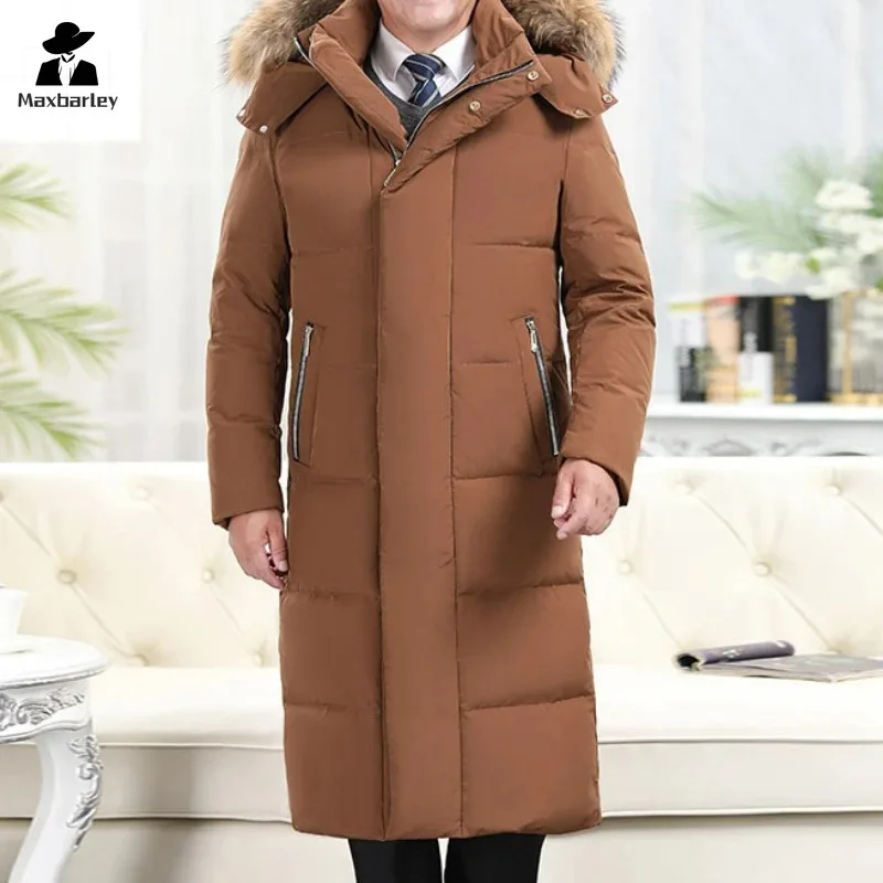 Brand Winter Down Jacket Men's Business Long Thick White Duck Down Warm Coat Men Fashion Snow Cold-proof Detachable Hooded Parka