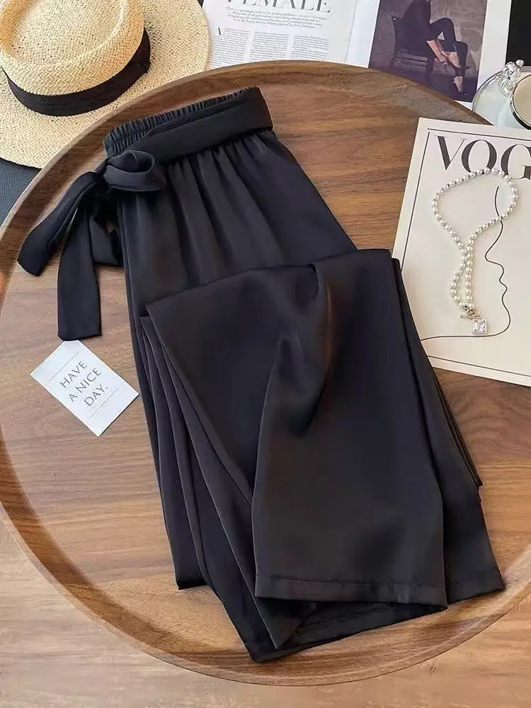 Acetat Satin Hosen Frühling und Sommer Schwarz Boden Wischen Casual Hosen Koreanische Lose Hohe Taille Büro Dame Gerade Hosen