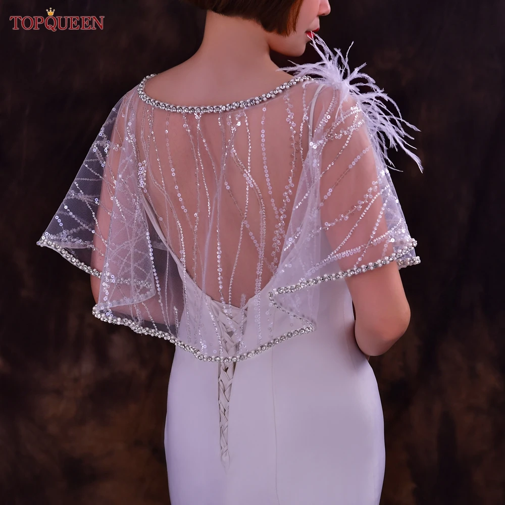 Topqueen Bruiloft Bolero Wrap Pailletten Bruidsjaal Handgemaakte Kralen Rand Banketjas Avond Bruidsaccessoires Sg35