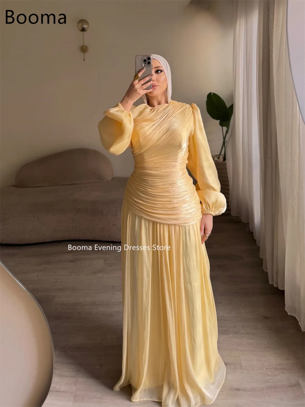 Booma أنيقة على شكل حرف a رقبة دائرية وأكمام طويلة فساتين رسمية رداء حفلات للنساء مطوي فستان حفلات بسيط تخصيص 2025