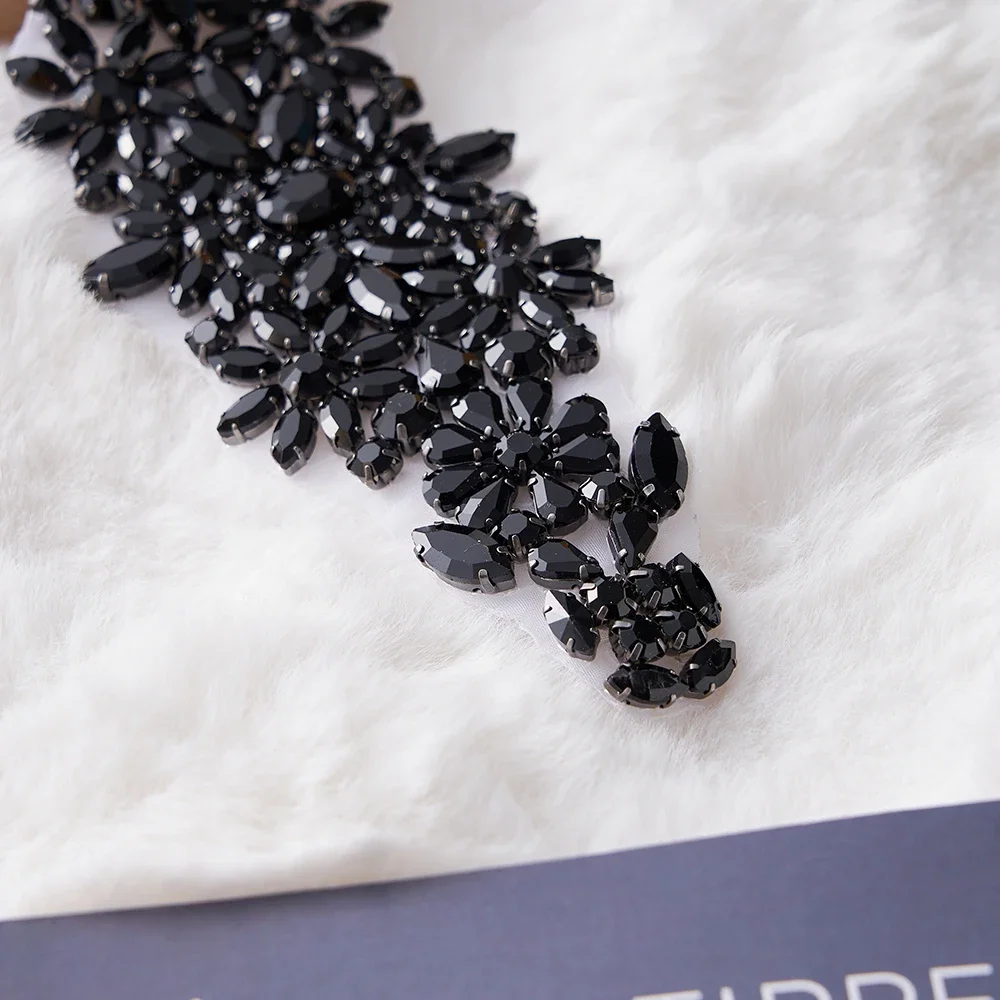 1 PC Sew on All Black Applique Rhinestone for Wedding Belt Pearl Flatback Patch Crystals Iron on Glass for Bridal Headband Trim