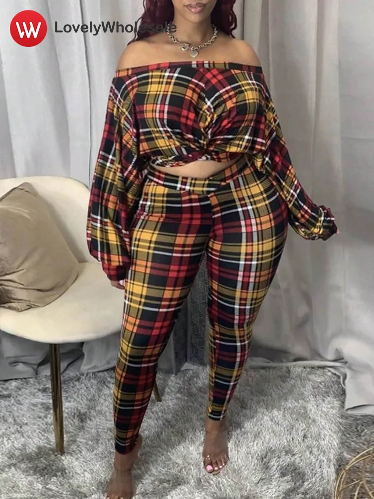 

LW Autumn Plus Size Plaid Print Pant Sets Women Elegant Off The Shoulder Crop Top Womens Two Pieces Set Trouser Suit Femme 2024