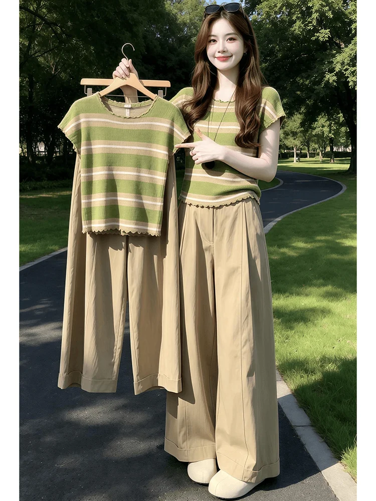 

Summer 2026 Women's Casual Slim Fit Knitted Set Short Sleeve Green Stripe Long Pants High Waist Breathable Fashion Ensemble