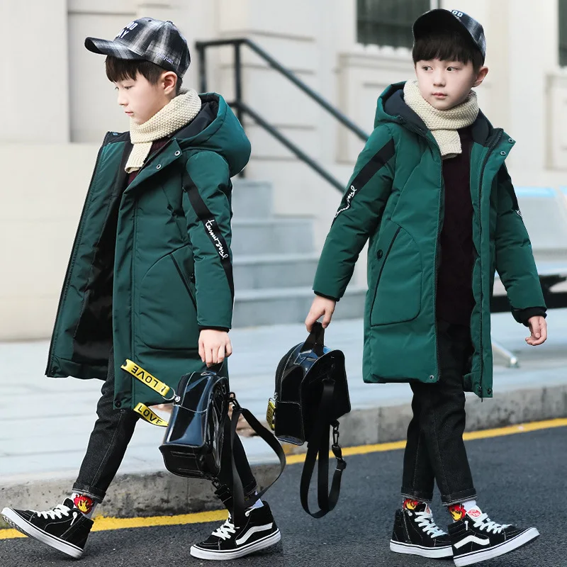 2024 New Big Size Very Keep Warm Winter Boys Jacket Teenager Mid-Length Plus Velvet Thickening  Hooded Cotton Coat For Kids