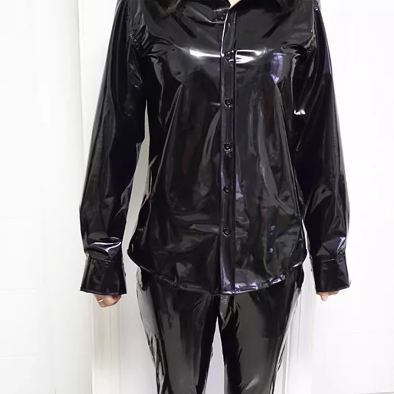 Fetish Black PVC Plastic Shirt Button Long Sleeve Blouse Soft Smooth Silent Waterproof Coats Private Party Nightclub Tops