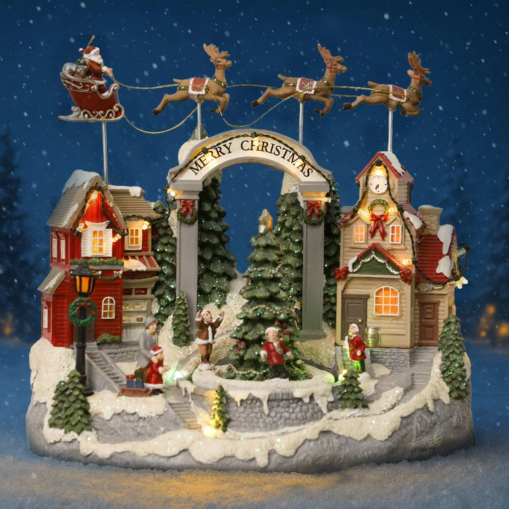 European-style Christmas villa with LED lights, music and bells, creating a festive atmosphere for gift-giving.
