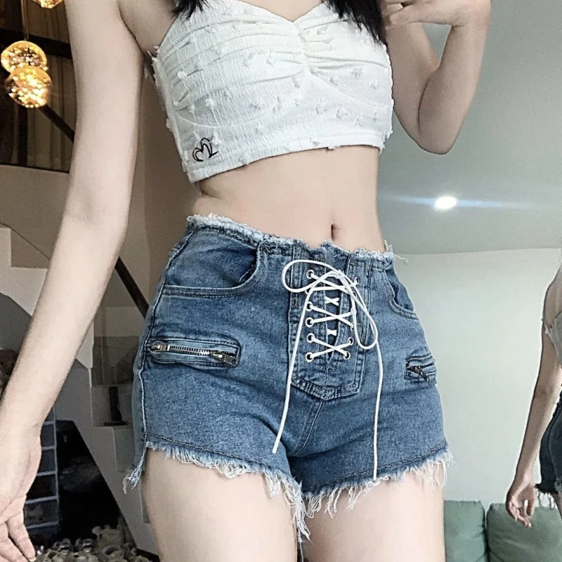 

Zippered Sexy Denim Women's High Waist Slim Irregular Slim Strap Bristled Shorts