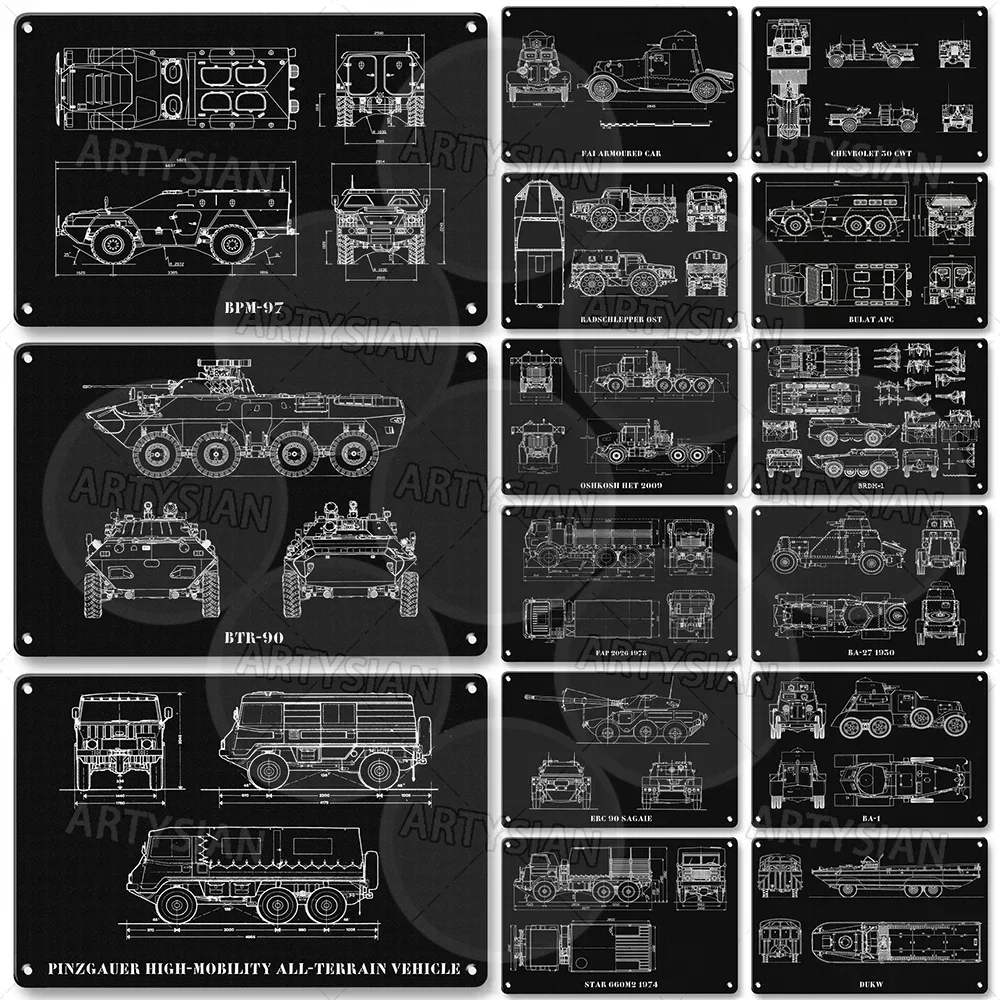 Armored Car Vehicle Metal Sign Military Equipment Technical Drawing Plaque 9M Csaba Alvis Straussler AC2 BA-1 BA-6 BPM-97 BRDM-2