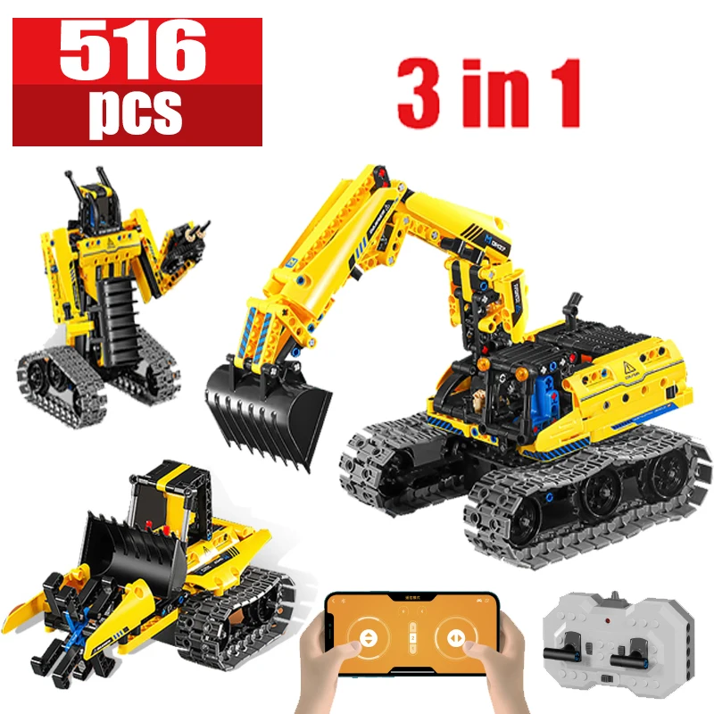 

516pcs City Technical 3 in 1 Remote Control Robot Excavator Car Building Blocks APP RC Crawler Vehicle Movie Bricks Toys Kids