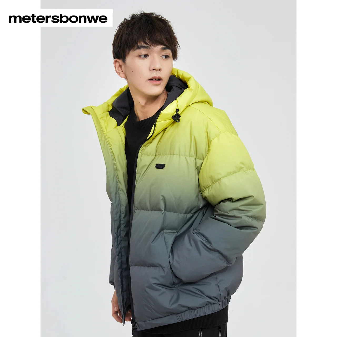 Metersbonwe-Jaqueta masculina com capuz de inverno, design gradiente solto, 80% de roupa quente grossa, inverno