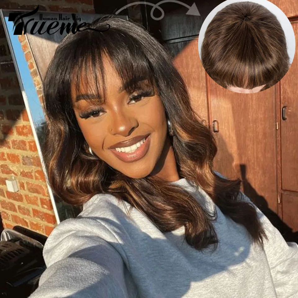 

Highlight Brown Boby Wave Bob Wig Human Hair Wigs For Women Brazilian Human Hair Wig With Bangs Ready To Go Full Machine Wig