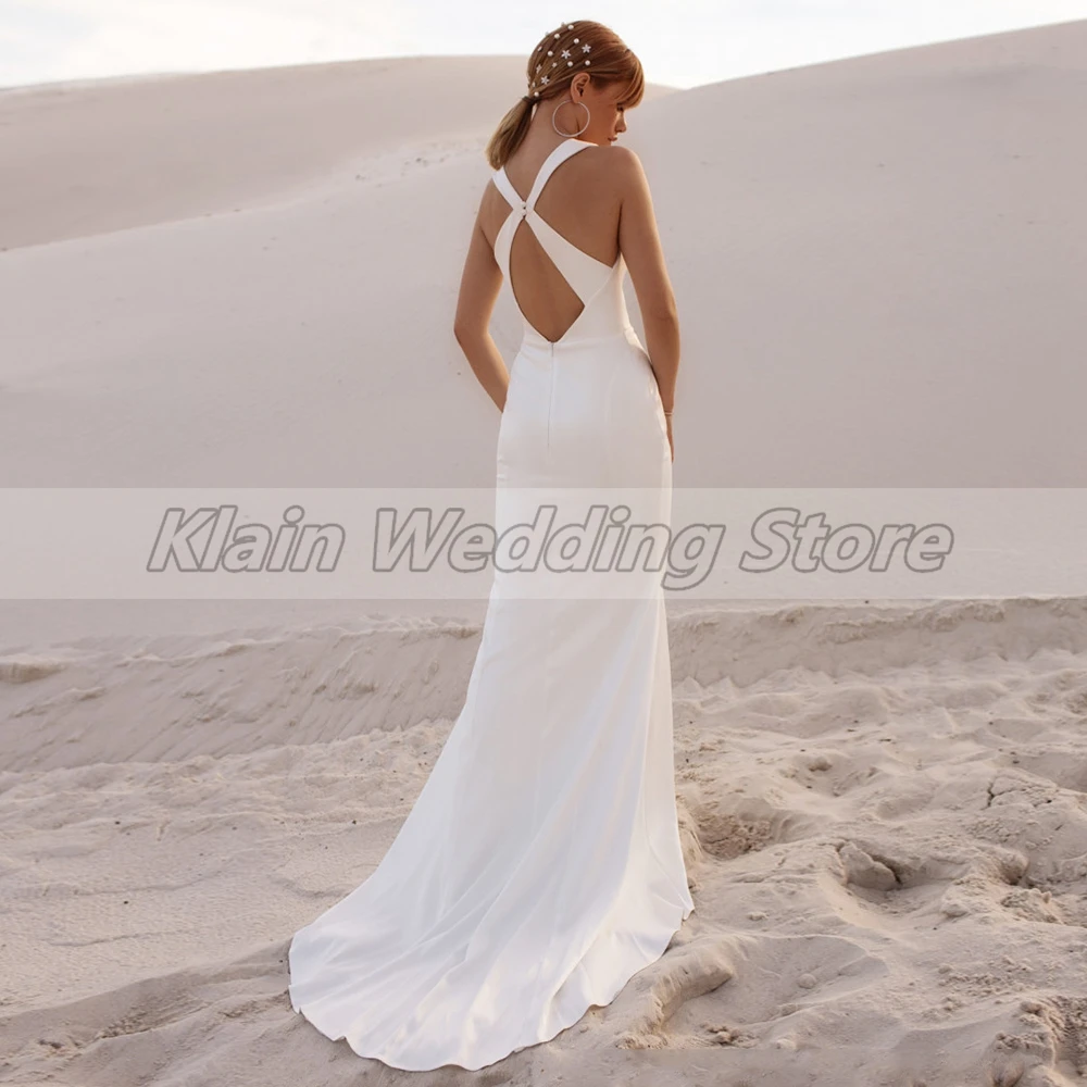 Weilinsha O Neck abito da sposa a sirena per il 2023 spose Simple Jersey Criss Cross Back senza maniche abiti da sposa con Sweep Train