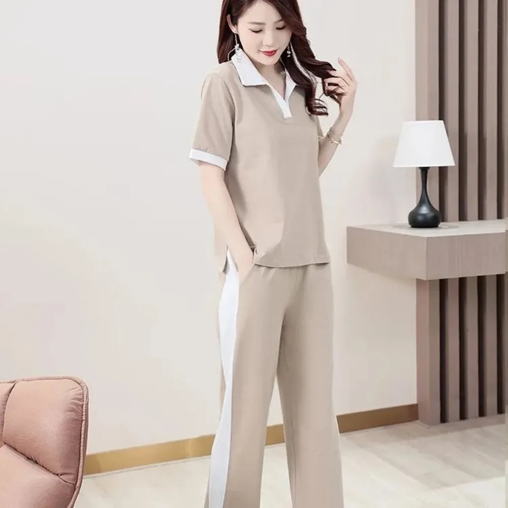 Women\'s Korean Casual Fashion Suit 2024 Spring Summer New Loose Crop Tops And Wide Leg Pants 2 Two Piece Set Plus Size Clothing