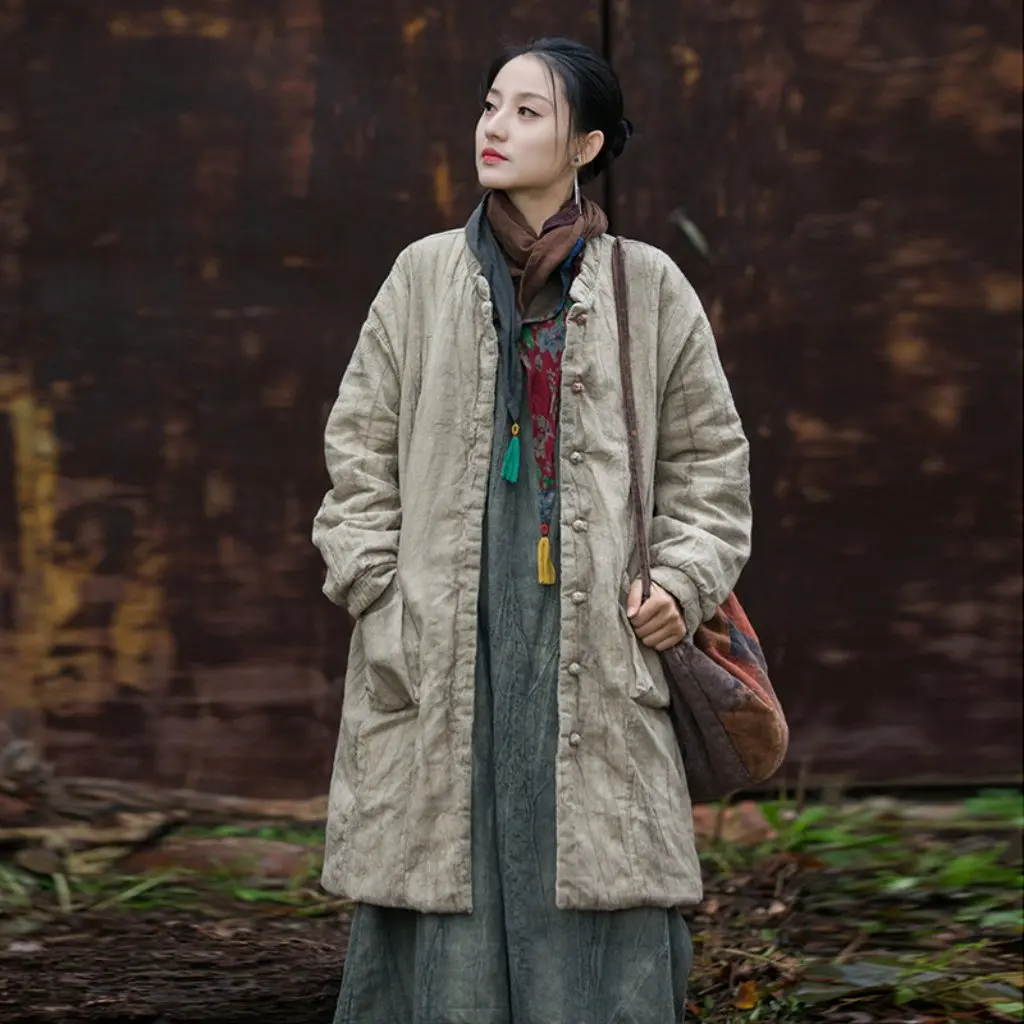 

Зимняя женская стеганая куртка ручной работы с принтом тай-дай Рами, утепленное стеганое хлопковое длинное пальто в богемном стиле в стиле дзен, новый стиль