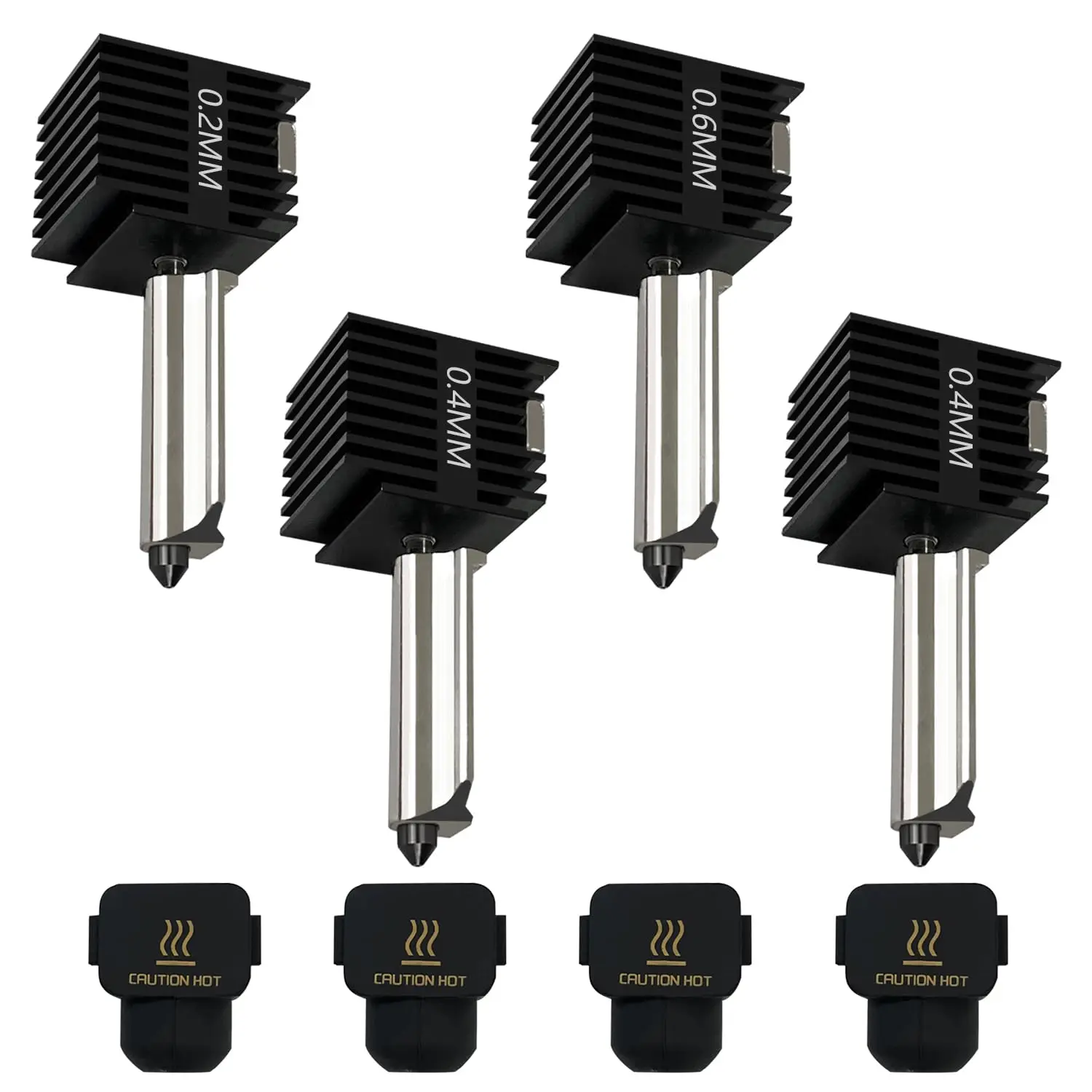 

Набор из 4 высокотемпературных стальных сопел для 3D-принтеров: размеры 0,2 мм, 0,4 мм, 0,6 мм с силиконовыми чехлами