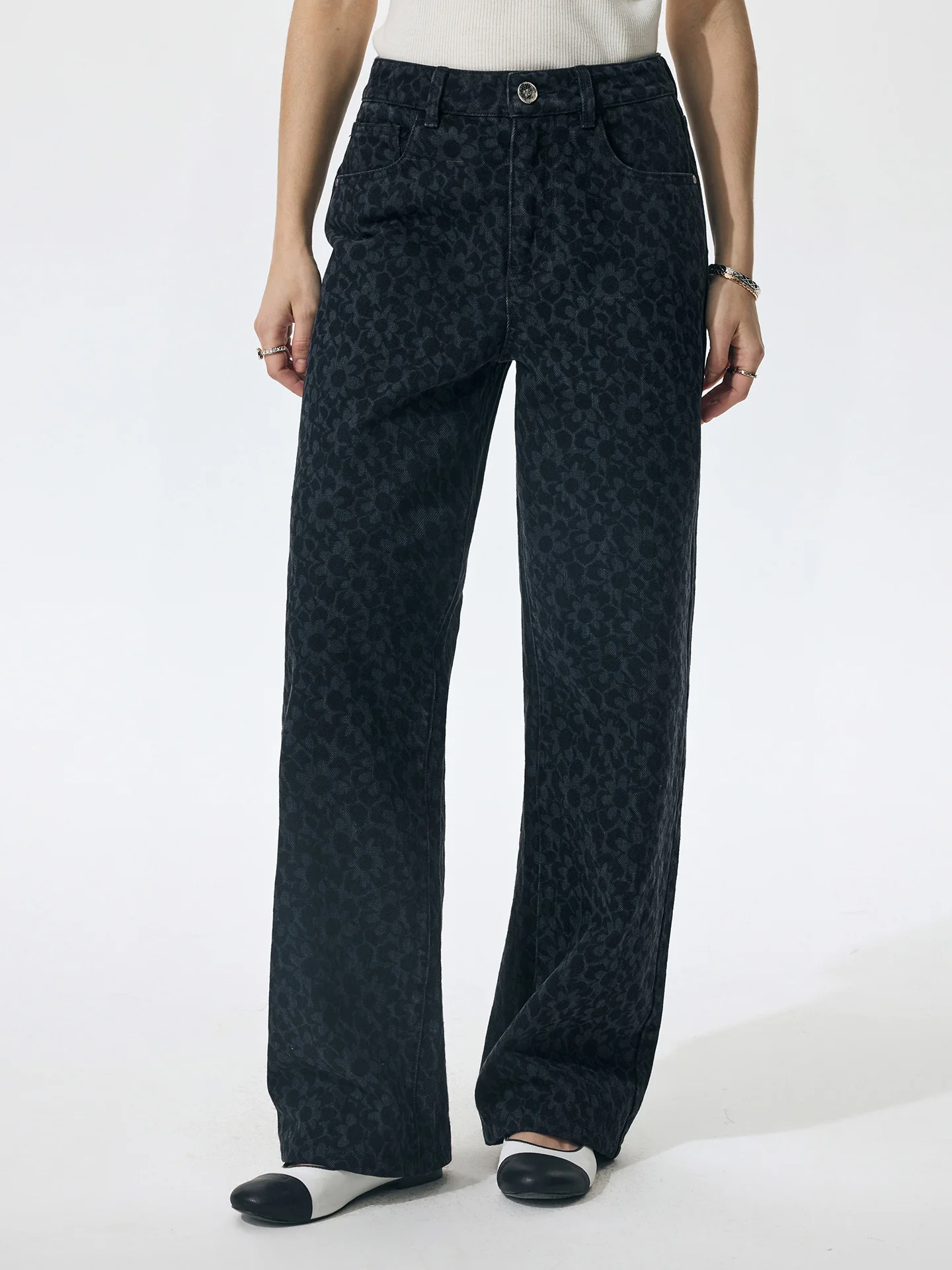 

Женские джинсы SOV с цветочным принтом, прямые, из хлопка, с натуральной талией, на пуговицах, с цветочным узором, весенние, средней эластичности