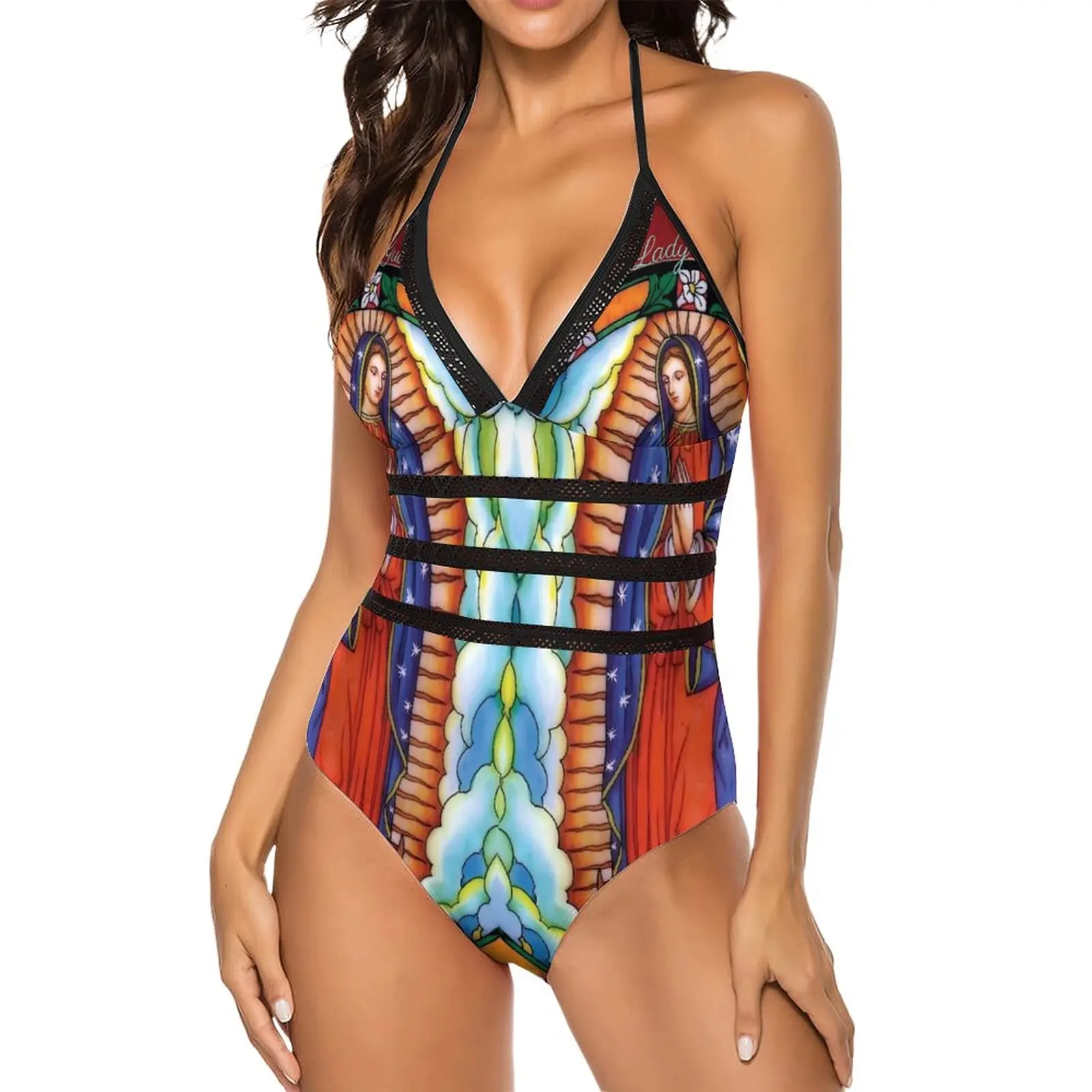 Our Lady of Guadalupe Swimsuit Virgin Mary Classic Swimwear One Piece Beach Swimsuits Sexy V Neck Bathing Suit