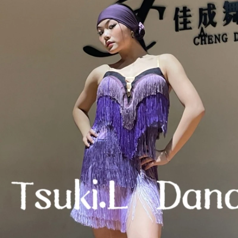 

Sexy Latin Dance Dress Women Purple Tassel Competition Dress Adult Cha Cha Rumba Samba Dance Costume Performance Clothes NV20298