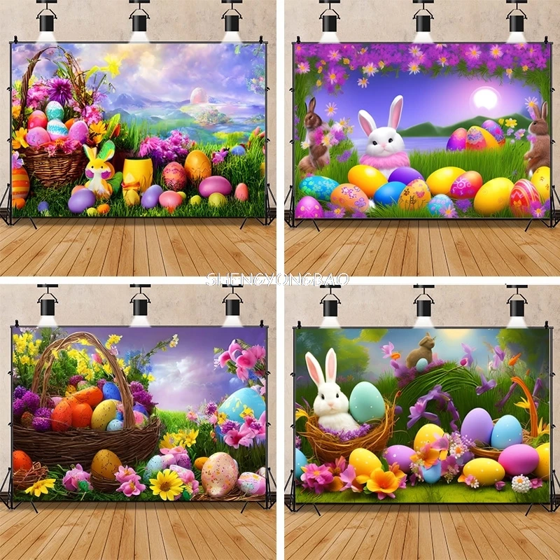 

SHENGYONGBAO Colorful Easter Scene Background Spring Eggs And The Cute Rabbits On The Grass Photography Backdrops Props FE-03