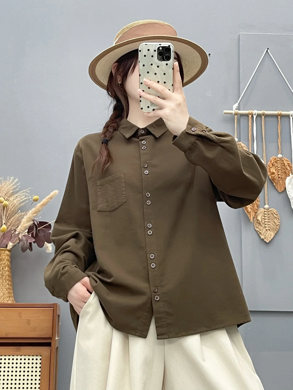 100% coton dames blouses chemise style japonais rouge rose gris café solide à manches longues chemises vêtements élégants pour dame