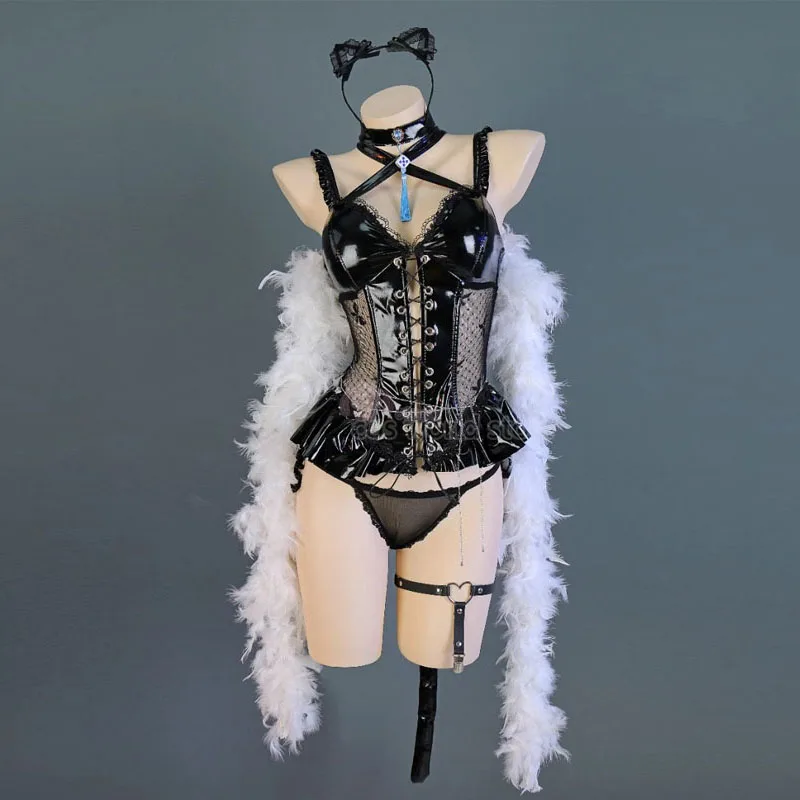 

Anime Bunny Girl Maid Cosplay Costume Women Sexy Leather Bodysuit Feather shawls Gloves Suit Black Cat Uniform Halloween Clothes