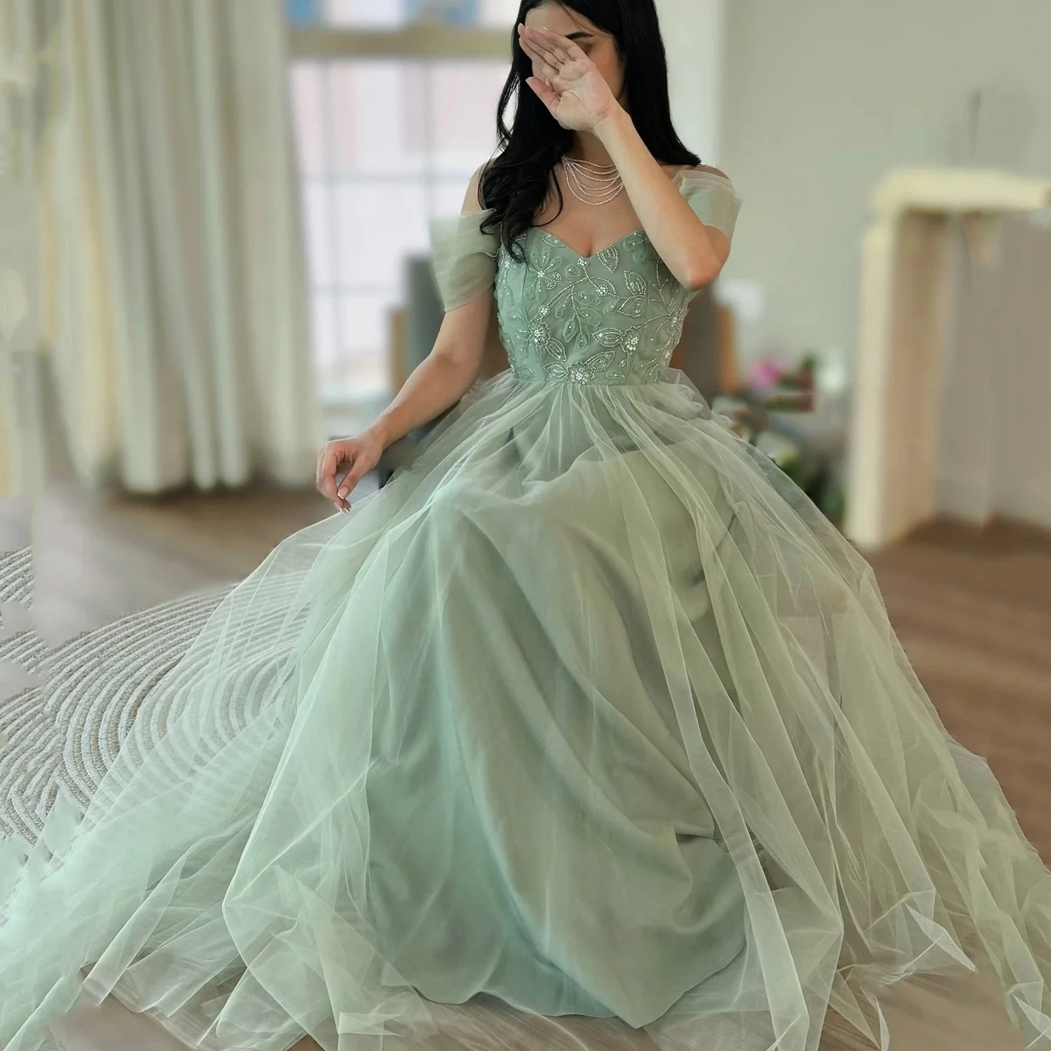 

Women Tulle Beaded Long Bespoke Occasion Gown Evening Dresses Pastrol Unisex Jersey Retro Dubai Saudi Arabic Prom Customized