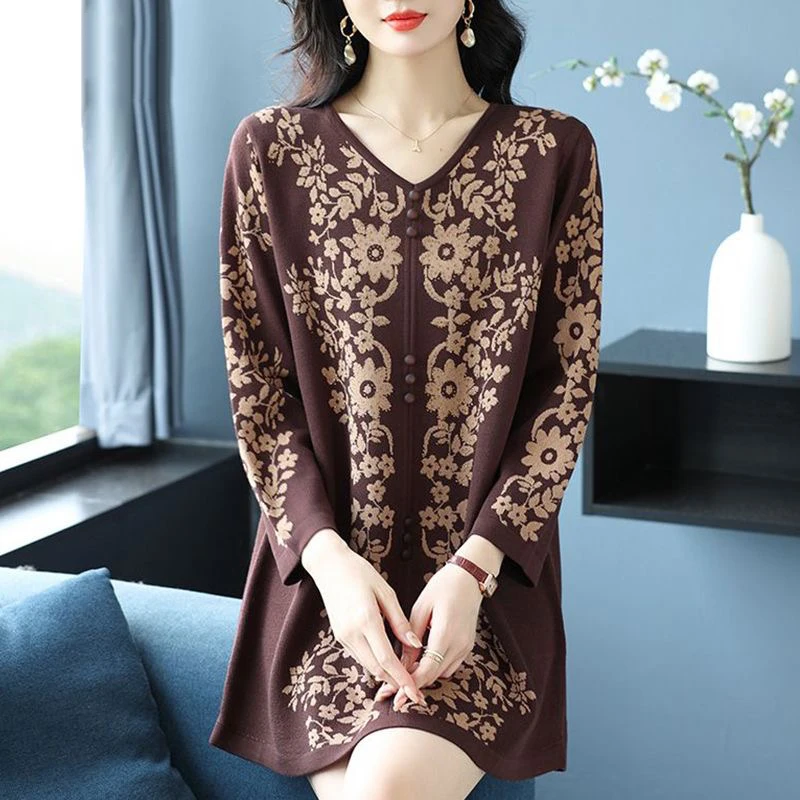 

Floral Print Long Sweater Dress 2025 Autumn Winter Women's Long Pullover Elastic Knitted Dresses