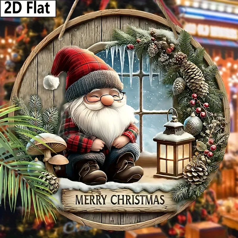2D Flat - A Wooden Sign Featuring a 2D Flat Design of a Christmas Gnome, Creating a Warm Winter Atmosphere, Perfect for Hanging