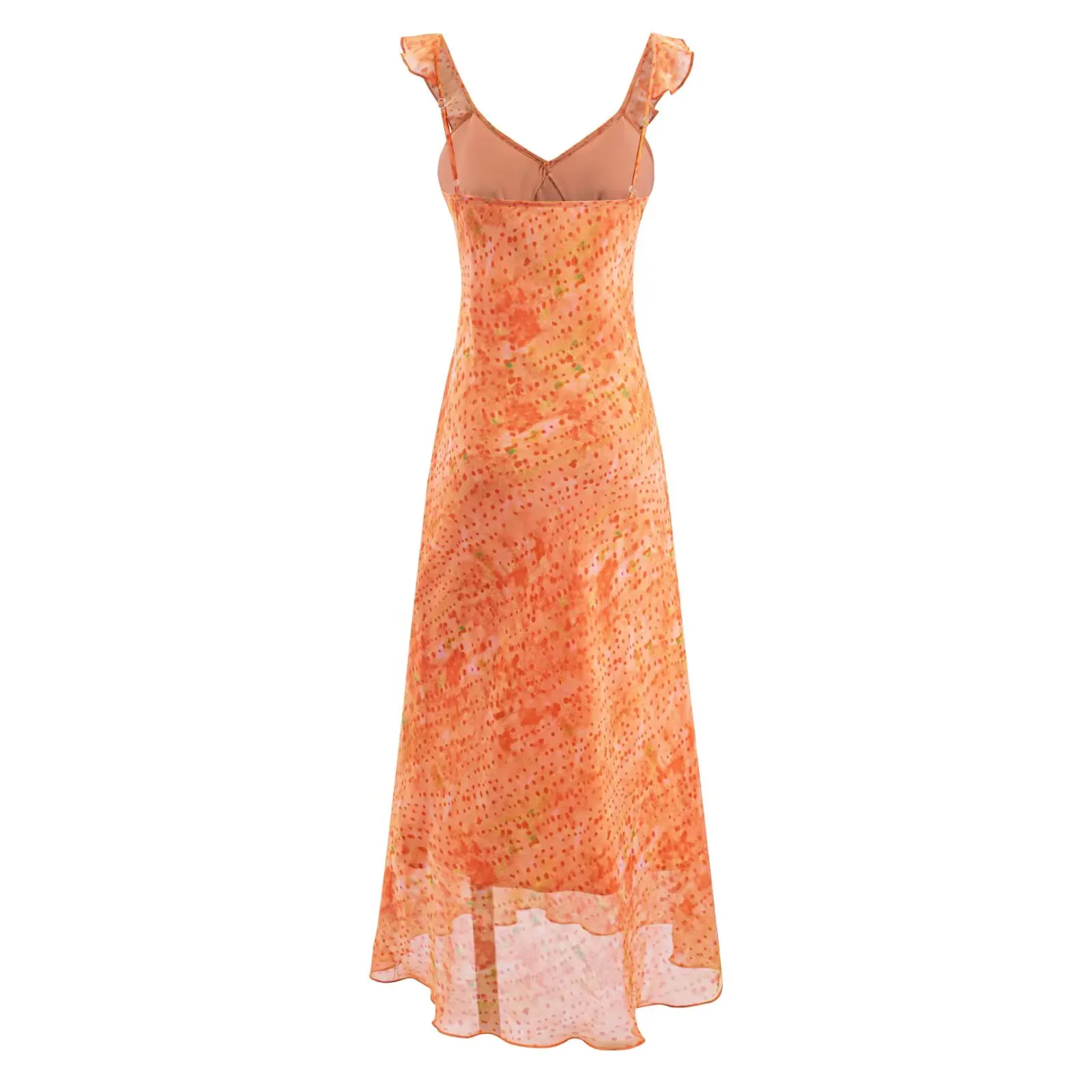 Summer Women Orange Gradient Leopard Bow V neck Ruffles Strap Sling Dress Slim Waist Side Zipper Midi Tank Dresses Vestidos Robe
