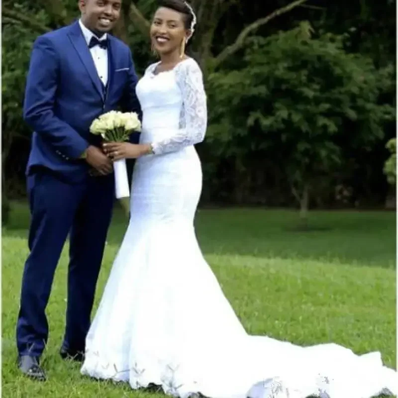 

Customize Luxury African Long Sleeves Lace Mermaid Dresses Scoop Neck Ruched Sweep Train Wedding Bridal Gowns Robes De Mariée
