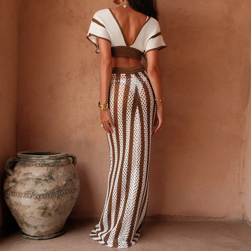 Fashion Style Brown and White Stripe Tie Up Top Long Skirt Suit Knitting See-Through Beach Vacation Swimsuit Cover Up