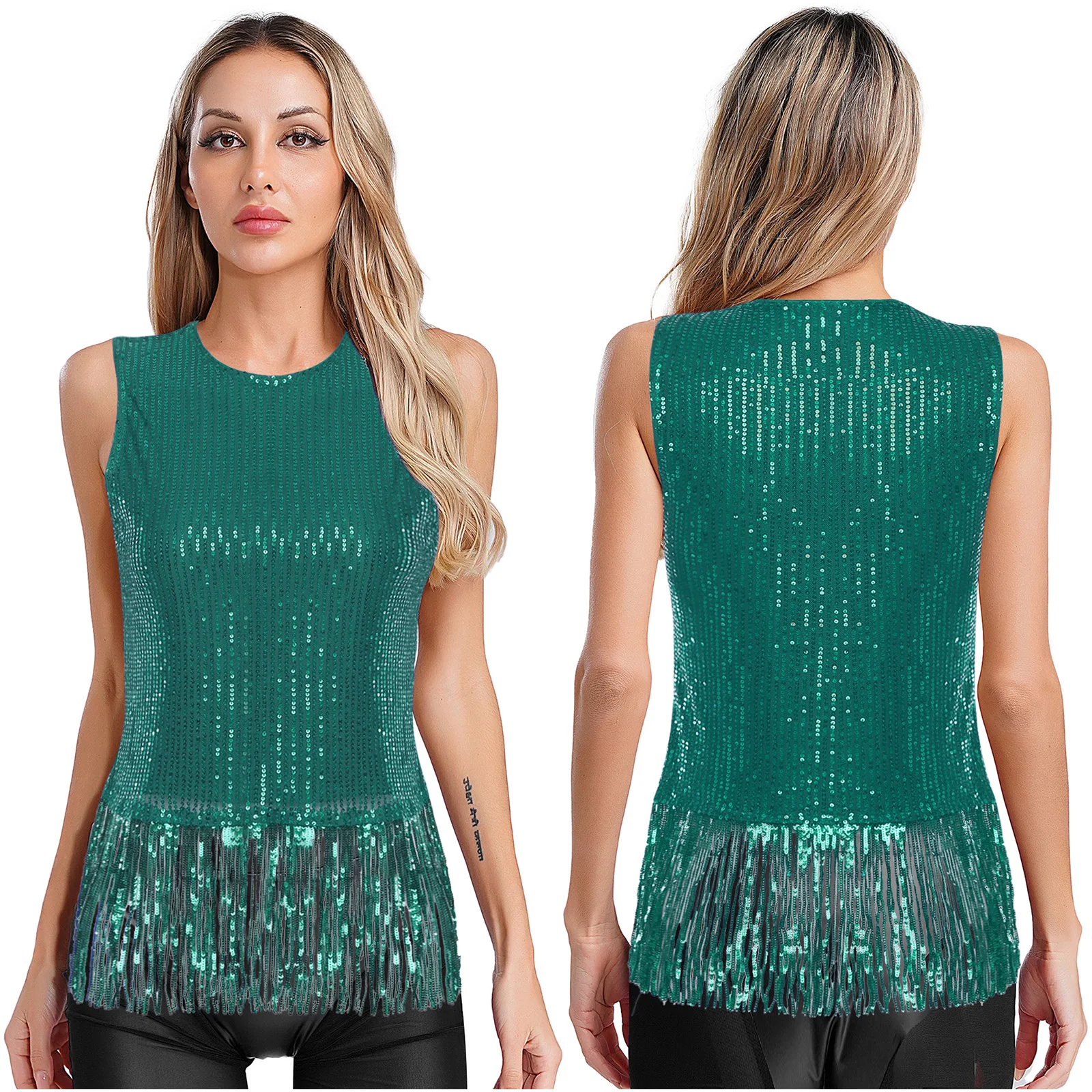 

Women's Fashion Shiny Tassel Tank Top Sleeveless Fringe Disco Musical Festive Dance Shirt Vest Crop Top for Party Night Clubwear