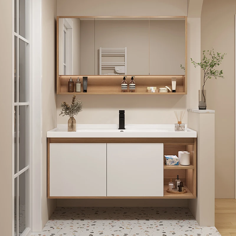 

Modern Simple Bathroom Cabinets Solid Wood Washbasin Vintage Partition Bathroom Cabinets Drawer Light Mobiletto Bagno Furniture