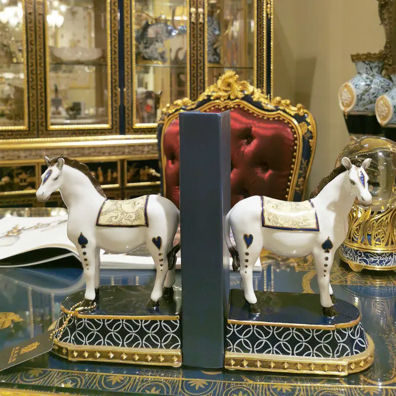 &c European-style French Design Ceramic Copper-inlaid Pony-Shaped Bookend Desktop Ornament Daily Gifts Semi-manual Crafted