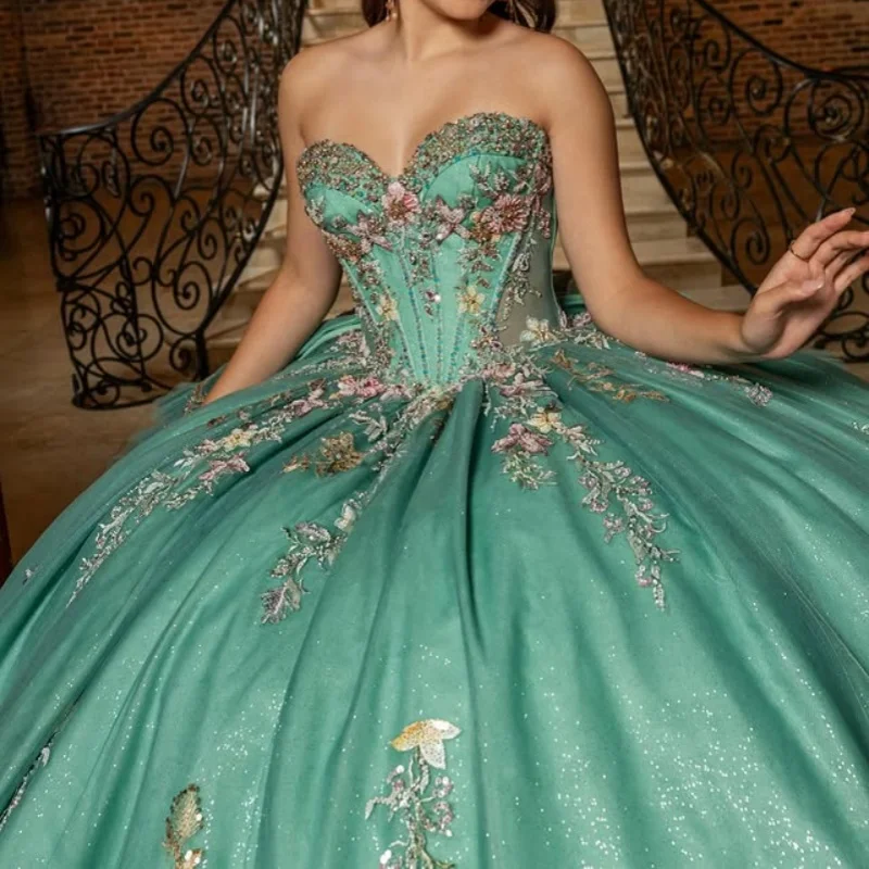 

Shiny Green Quinceanera Dress Crystal Glitter 3D flower Decal off-shoulder Long tail Bow Vestidos De 15 Quinceanera ﻿Customize