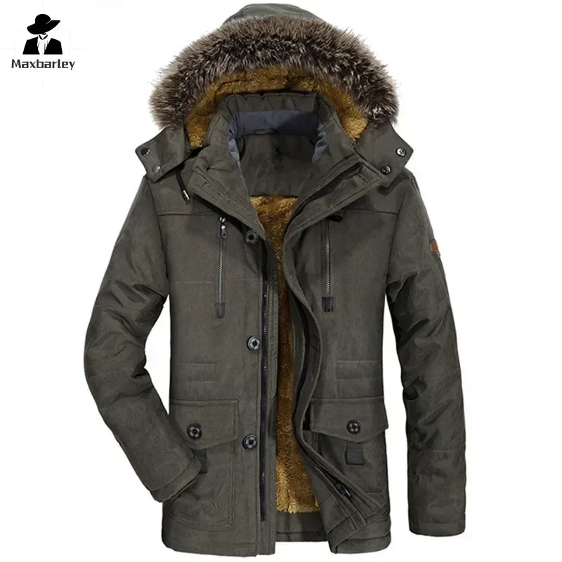 Winter Fleece Parkas Men's Fashion Brand Thickened Hooded Fur Collar Warm Jacket Casual Snow Mid-length Cold-proof Coat for Men